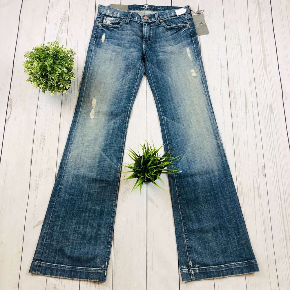 🇺🇸7FAM Dojo Flare Leg Factory Distressed Jeans Size 28